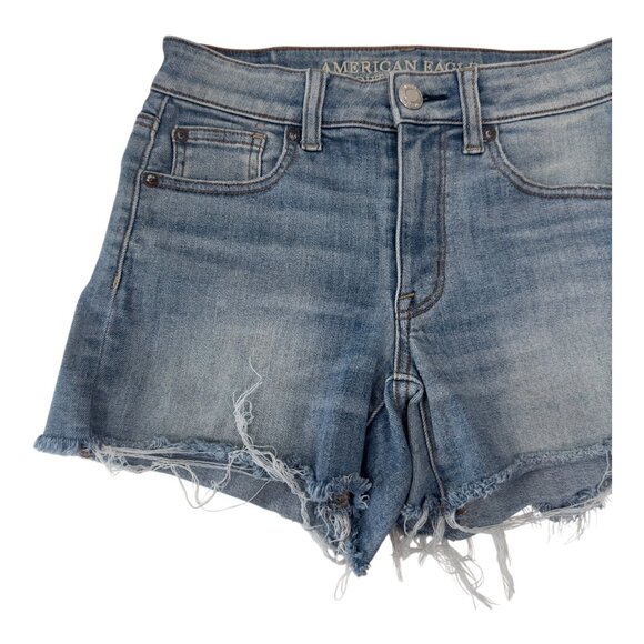American Eagle Womens SZ 2 High Rise Distressed Denim Shortie Frayed Hemmed - Picture 2 of 12